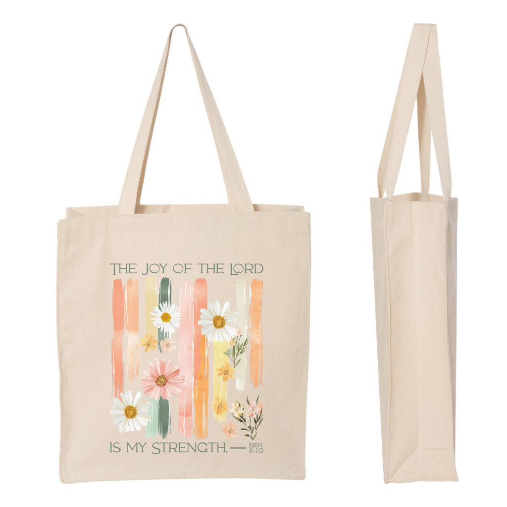 The Joy of the Lord Floral Scripture Canvas Tote Bag