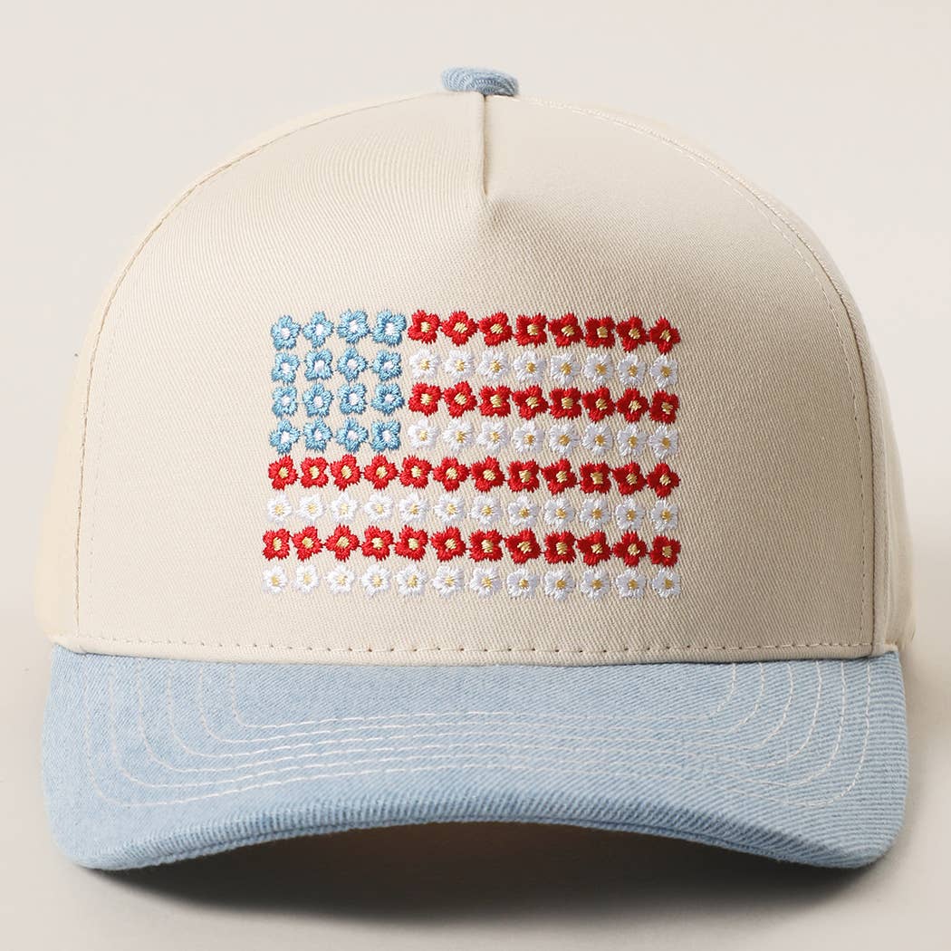 Floral American Flag Trucker Hat: Light Denim