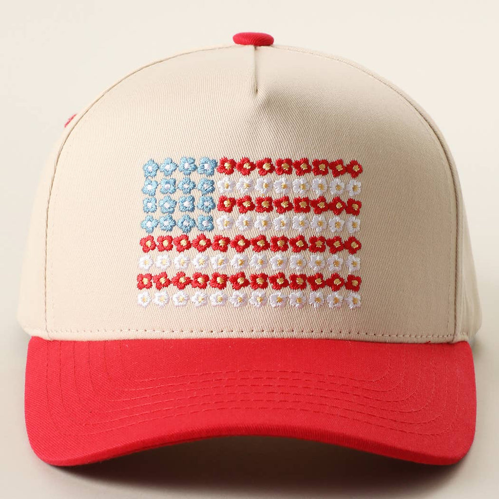 Floral American Flag Trucker Hat: Red