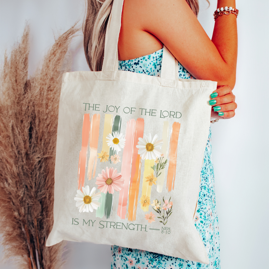 The Joy of the Lord Floral Scripture Canvas Tote Bag