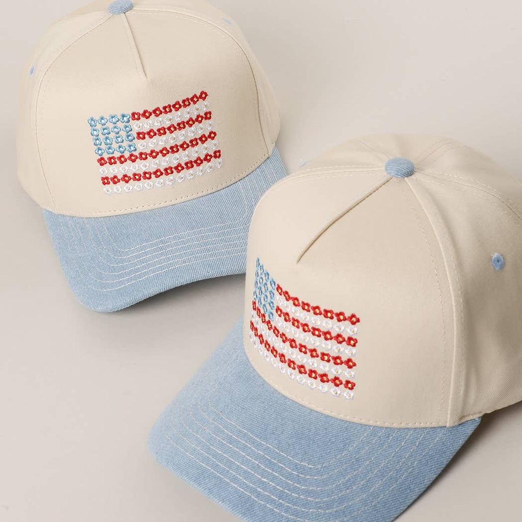 Floral American Flag Trucker Hat: Light Denim